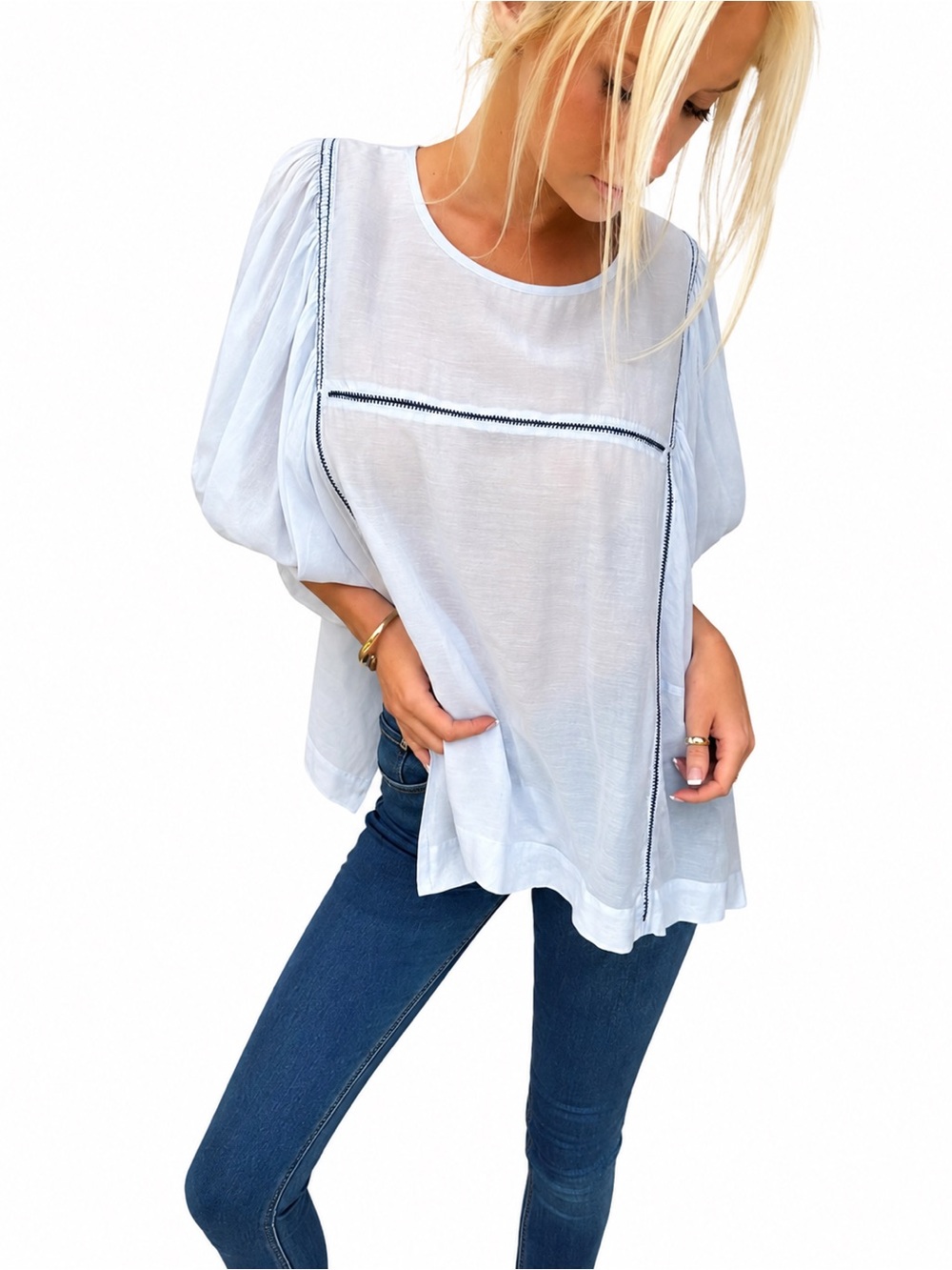 Casilda Mut Oversized Balloon Sleeve Blouse Navy Embroidery